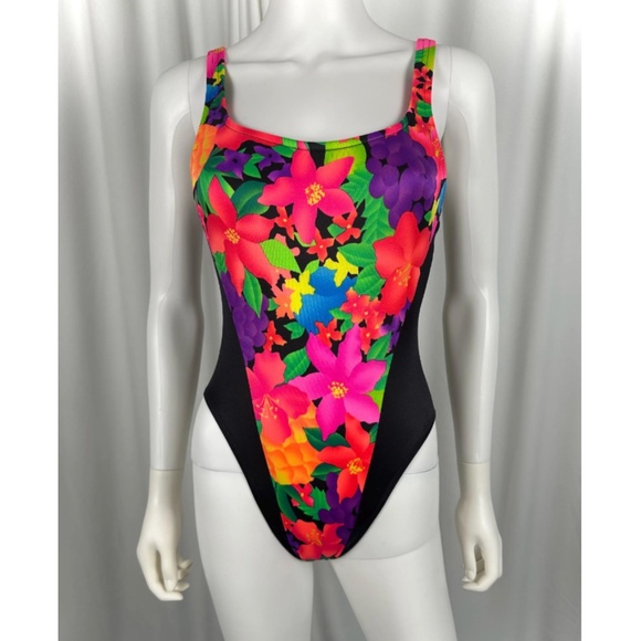 Vintage 1980’s Neon Pink + Green Floral and Black One Piece Bathing Suit - S - Picture 1 of 9